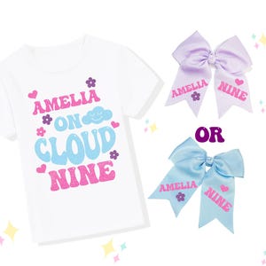 On Cloud Nine Birthday Outfit Set, Girls On Cloud 9 Birthday Shirt, Girls Birthday Shirt, Lavender or Light Blue Bow