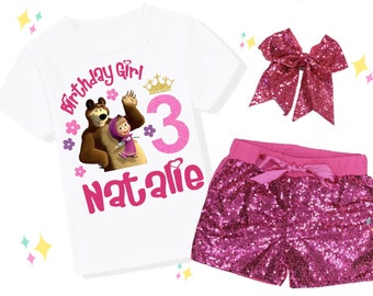 Masha and Bear Birthday Outfit Set, Masha and Bear Birthday Shirt, Girls Birthday Shirt, Pink Shorts, Pink Bow