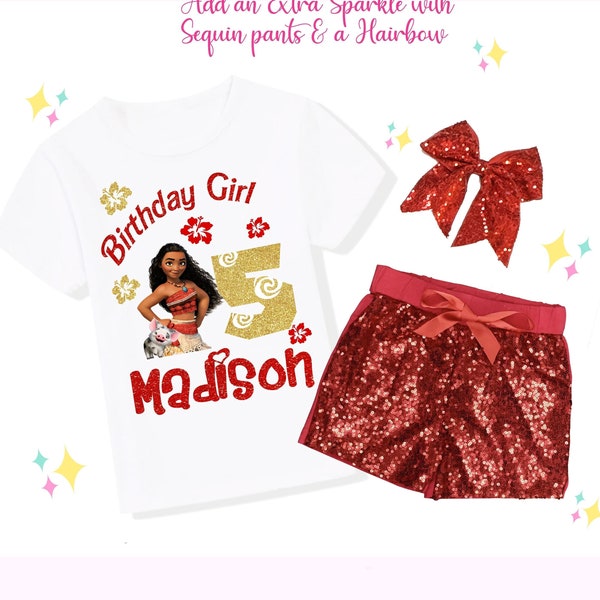 Princess Moana Birthday Outfit Set, Princess Moana Birthday, Birthday Shirt, Red Shorts, Red Bow