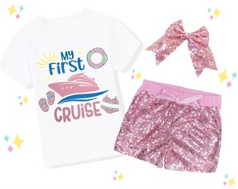 Girls First Cruise Outfit Set, Sequin Shorts, Hairbow