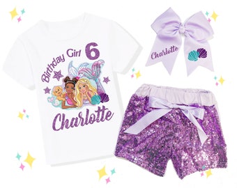 Mermaid Birthday Outfit Set, Mermaid Doll Birthday Shirt, Girls Birthday Shirt, Lavender Shorts, Lavender Bow