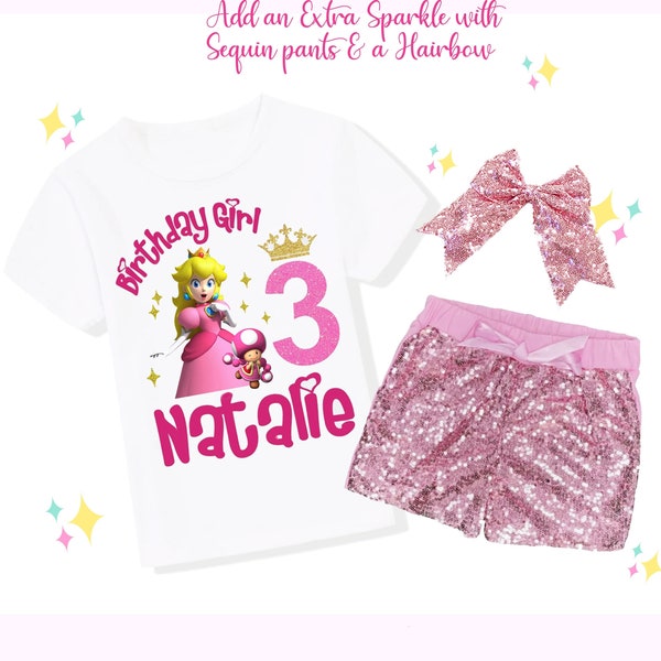 Princess Peach Birthday Outfit Set, Personalized Princess Peach Birthday Shirt, Pink Shorts, Pink Bow
