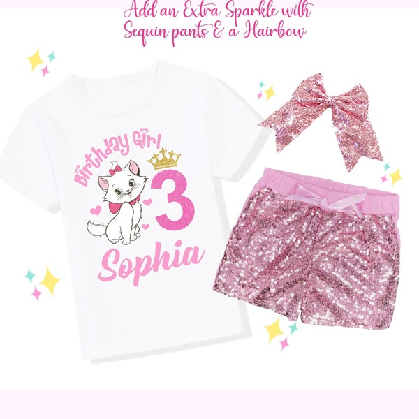 Aristocat Marie Birthday Outfit Set, Girls Marie Shirt, 1st Birthday, 2nd Birthday, 3rd birthday, Pink Shorts, Pink Hairbow