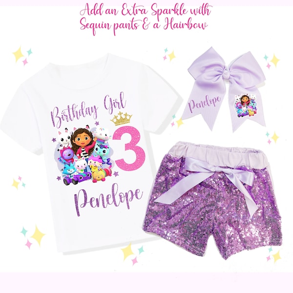 Custom Birthday Outfit Set, Doll Theme Party shirt, Dollhouse Inspired Birthday Shirt, Lavender or Purple Shorts, Lavender or Purple Bow