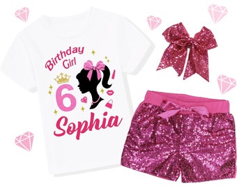Ponytail Silhouette Doll Birthday Outfit Set, Spa Makeup Birthday Shirt, Girls Birthday Shirt, Pink Shorts, Pink Bow