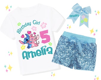 Personalized Stitch Birthday Outfit, Custom Stitch and Angel Shirt, Sequin Shorts, Hairbow Set