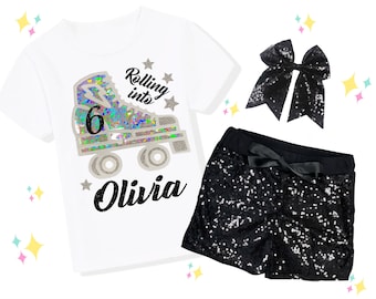 Roller Skate Birthday Outfit Set, Roller Skating Birthday, Let's Roll Birthday Shirt, Silver Shorts, Silver Bow