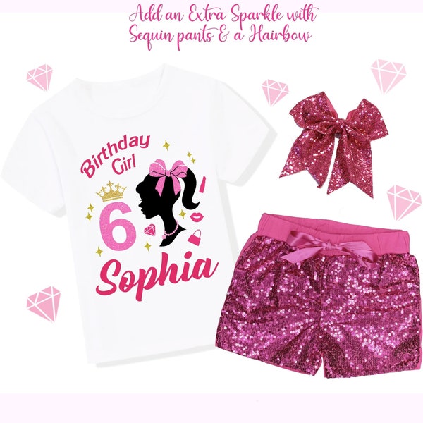 Ponytail Silhouette Doll Birthday Outfit Set, Spa Makeup Birthday Shirt, Girls Birthday Shirt, Pink Shorts, Pink Bow