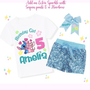 Personalized Stitch Birthday Outfit, Custom Stitch and Angel Shirt, Sequin Shorts, Hairbow Set