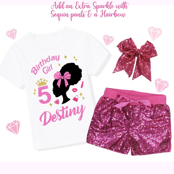 Afro Silhouette Doll Birthday Outfit Set, Spa Makeup Birthday Shirt, Girls Birthday Shirt, Pink Shorts, Pink Bow