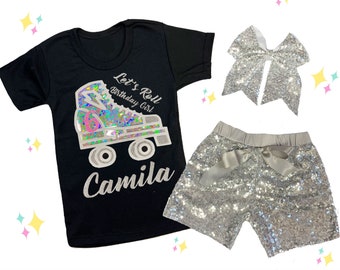 Roller Skate Birthday Outfit Set, Roller Skating Birthday, Let's Roll Birthday Shirt, Silver Shorts, Silver Bow