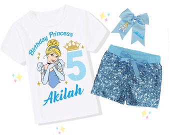Princess Cinderella Birthday Outfit Set, Princess Cinderella Birthday, Birthday Shirt, Blue Shorts, Blue Satin Bow