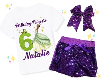 Princess Tiana Birthday Outfit Set, Tiana Birthday Shirt, Princess and a Frog Birthday Shirt, Purple Shorts, Purple Bow