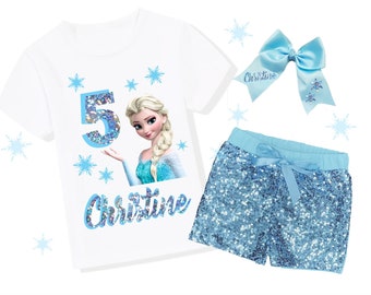 Princess Elsa Birthday Outfit Set, Frozen Elsa Birthday, Elsa Birthday Shirt, Blue Shorts, Blue Satin Bow