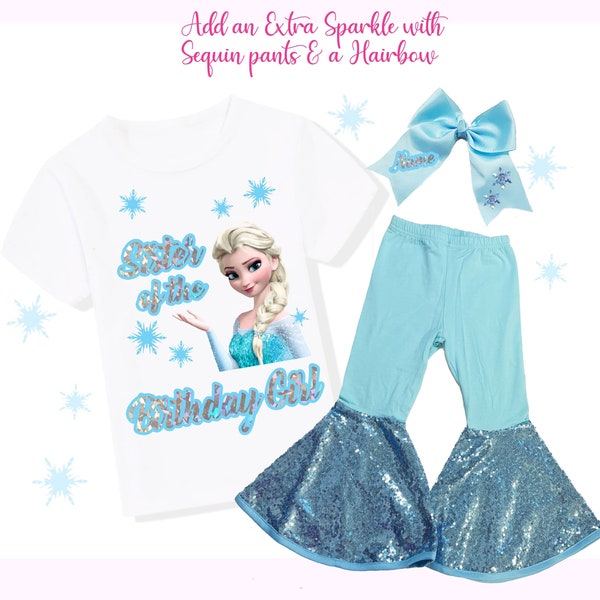 Elsa Sister of the Birthday Girl Outfit Set, Frozen Sister Birthday, Elsa Sister Birthday Shirt, Blue Pants, Blue Satin Bow