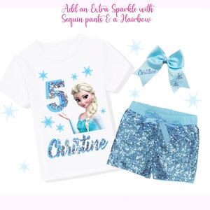 Princess Elsa Birthday Outfit Set, Frozen Elsa Birthday, Elsa Birthday Shirt, Blue Shorts, Blue Satin Bow