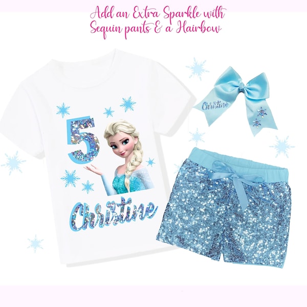 Princess Elsa Birthday Outfit Set, Frozen Elsa Birthday, Elsa Birthday Shirt, Blue Shorts, Blue Satin Bow