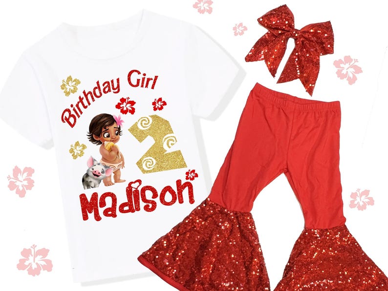 May include: A white t-shirt with a graphic of a cartoon girl, pig, and the text "Birthday Girl 2 Madison". The outfit includes red sequin flare pants and a matching bow.