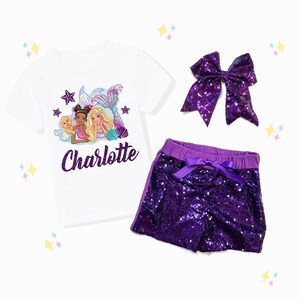 Personalized Mermaid Birthday Outfit, Sequin Shorts, Hairbow, Girls Birthday Shirt, Girls Party Set image 4