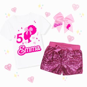 Personalized Pink Afro Doll Birthday Outfit for Girls, Custom Name Shirt, Sequin Shorts, Bellbottoms Pants, Glam Spa Party Birthday Set