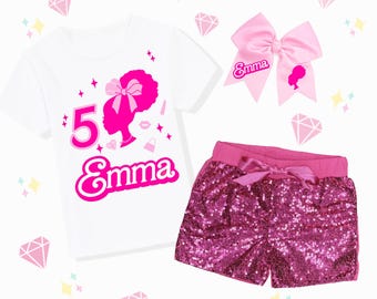 Personalized Pink Afro Doll Birthday Outfit for Girls, Custom Name Shirt, Sequin Shorts, Bellbottoms Pants, Glam Spa Party Birthday Set