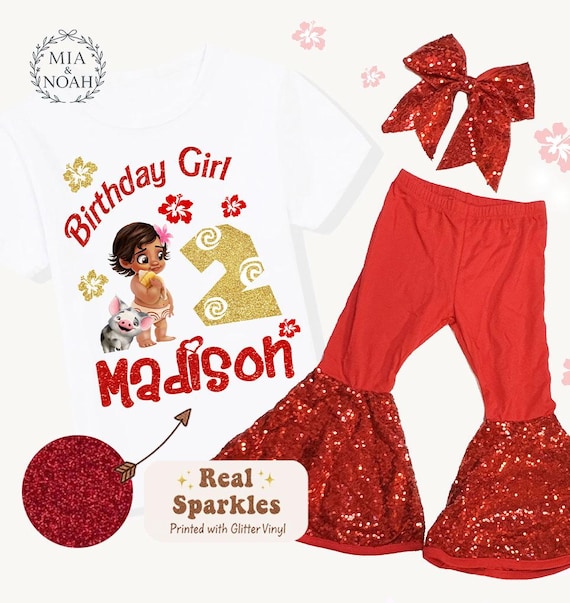 Personalized Moana Birthday Outfit Set, Custom Birthday Shirt, Sequin Bellbottoms, Hairbow