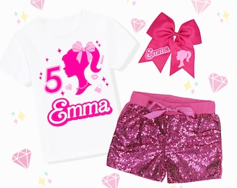 Personalized Pink Doll Birthday Outfit for Girls, Custom Name Shirt, Pink Sequin Shorts & Satin Bow. Glam Spa Party Birthday Set