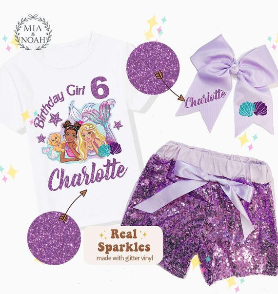 Personalized Mermaid Birthday Outfit, Sequin Shorts, Hairbow, Girls Birthday Shirt, Girls Party Set