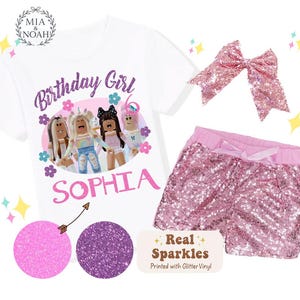Custom Girls Gaming Birthday Outfit Set, Personalized Sparkly Glitter Blox Shirt, Sequin Shorts, Hairbow