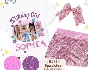 Custom Girls Gaming Birthday Outfit Set, Personalized Sparkly Glitter Blox Shirt, Sequin Shorts, Hairbow