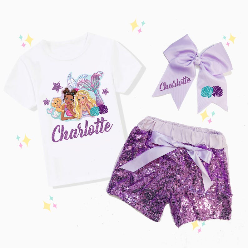 Personalized Mermaid Birthday Outfit, Sequin Shorts, Hairbow, Girls Birthday Shirt, Girls Party Set image 2
