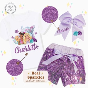 Personalized Mermaid Birthday Outfit, Sequin Shorts, Hairbow, Girls Birthday Shirt, Girls Party Set Lavender