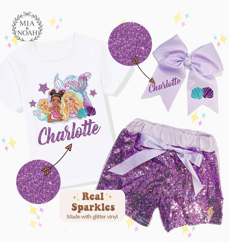 Personalized Mermaid Birthday Outfit, Sequin Shorts, Hairbow, Girls Birthday Shirt, Girls Party Set Lavender