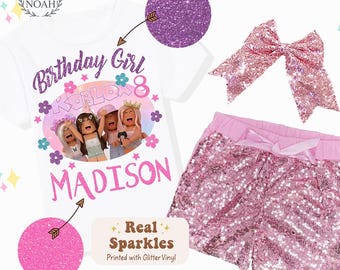 NEW Girls' Blox Birthday Shirt, Custom Gaming Shirt, Sequin Shorts, Hairbow Outfit Set