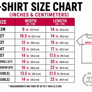 May include: A t-shirt size chart with measurements in inches and centimeters. The chart includes sizes from 12M to 12 (Girls), with corresponding width and length measurements. A diagram of a t-shirt illustrates where the width and length are measured.