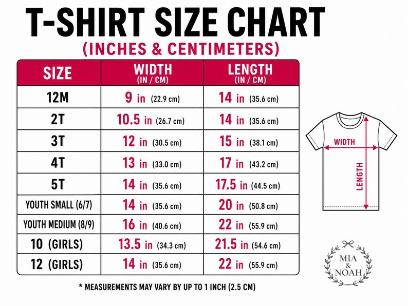 May include: A t-shirt size chart with measurements in inches and centimeters. The chart includes sizes from 12M to 12 (Girls), with corresponding width and length measurements. A diagram of a t-shirt illustrates where the width and length are measured.