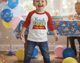 Reach Four The Sky Birthday Shirt, Personalized 4th Birthday Shirt for Boys, Custom Name & Age Raglan Tee, Space Birthday Party Outfit
