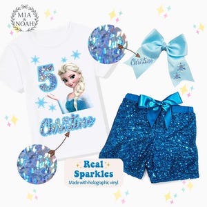 Personalized Elsa Birthday Outfit, Frozen Birthday Shirt, Sequin Shorts, Custom Hairbow
