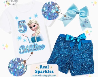 Personalized Elsa Birthday Outfit, Frozen Birthday Shirt, Sequin Shorts, Custom Hairbow