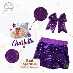 Personalized Mermaid Birthday Outfit, Sequin Shorts, Hairbow, Girls Birthday Shirt, Girls Party Set Purple