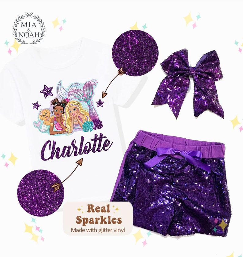 Personalized Mermaid Birthday Outfit, Sequin Shorts, Hairbow, Girls Birthday Shirt, Girls Party Set Purple