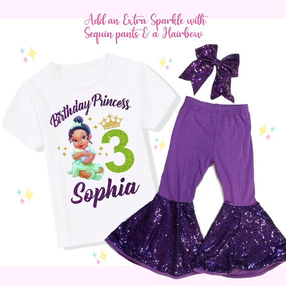 Princess Tiana Birthday Outfit Set, Tiana Birthday, Tiana Birthday Shirt,  Purple Pants, Purple Bow