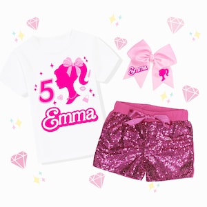 Personalized Pink Doll Birthday Outfit for Girls, Custom Name Shirt, Pink Sequin Shorts & Satin Bow. Glam Spa Party Birthday Set
