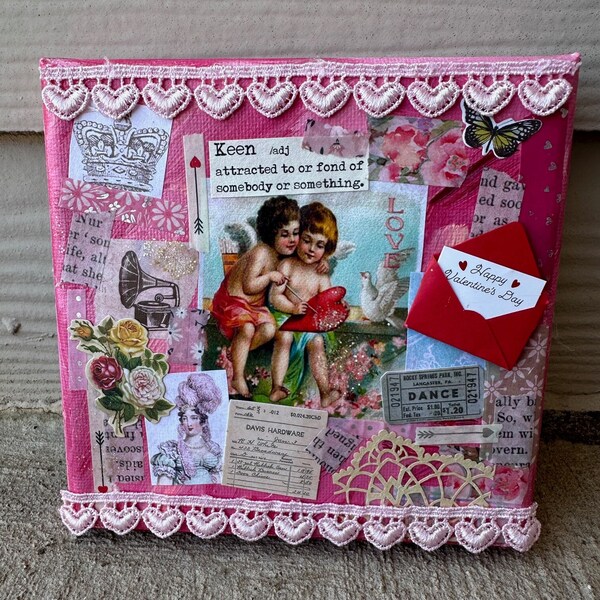 Valentines Day Cute Mini Canvas Decor Collage Mixed Media Original Art Shabby Chic Romantic Gift 5x5