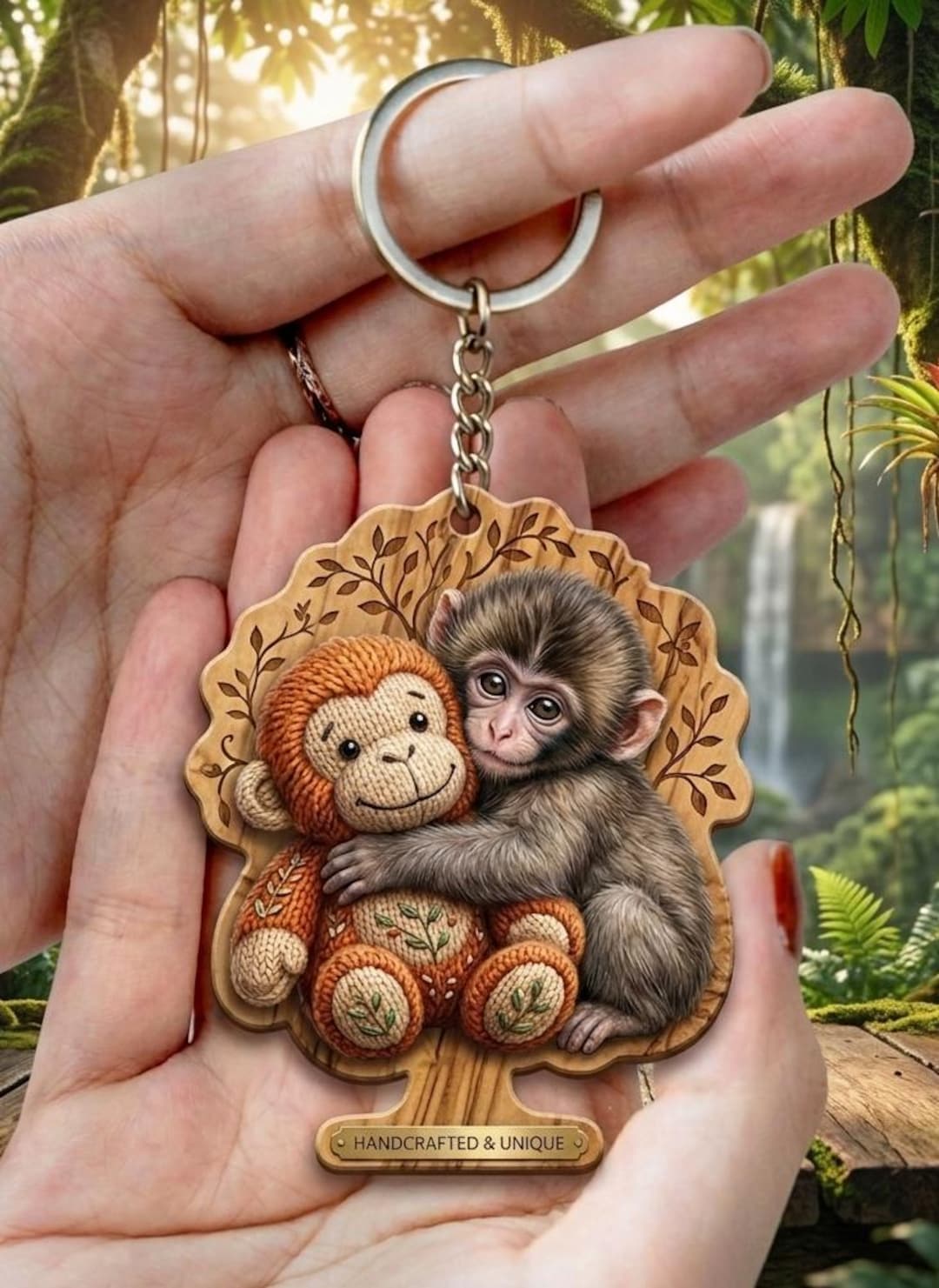 Wooden Monkey Keychain, Baby Monkey Plush Charm, Emotional Animal Lover ...