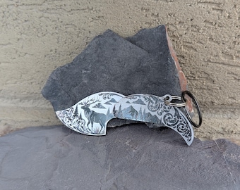 individuell gravierte Elch Messer Schlüsselanhänger gravierte Messer Geschenkidee Jagdszene Messergeschenk EDC Messer für Schlüssel anpassbares Geschenk für Jäger