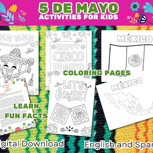Cinco de Mayo Coloring Pages, Homeschool Cinco De Mayo Printable, Activities for kids,Let&#39;s Fiesta, Mexico Flag, Fun Facts, Instant Download