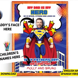 Father&#39;s Day Super hero Dad Face Photo, Add your Own Photo, Craft, PRINTABLE, Gift for Dad from Kids, Toddler, Baby, Activity, DIY Keepsake