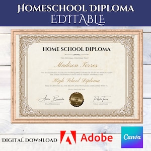 Printable Homeschool Diploma with Gold Seal, High School Graduation Certificate, Editable Diploma, Canva Template, PDF template, Graduate