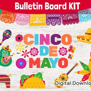 Kit de quadro de avisos 5 de maio, letras, bordas, banner para impressão, decoração de sala de aula, decorações para sala de aula, educação domiciliar, México
